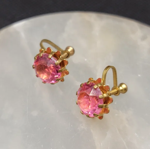 Vintage Pink Rhinestone Screwback Earrings Gold Tone - Picture 7 of 14